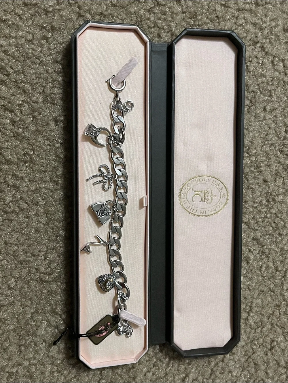 Juicy Couture Silver Charm Bracelet with Heart & Bow Charms